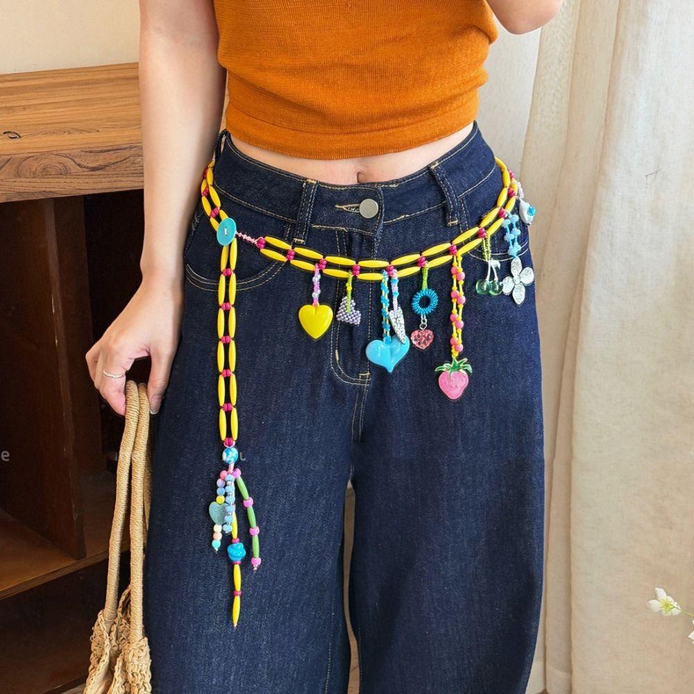 Y2K Dopamine Colored Beaded Waist Chain Hollow Out Bohemian Body Chain Jeans Decoration