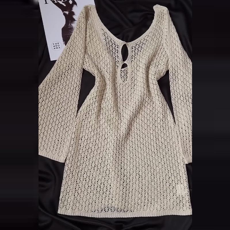 2024 Herbst/Winter Damen Einfarbig Mode Strick Hohl Langarm Überwurfkleid