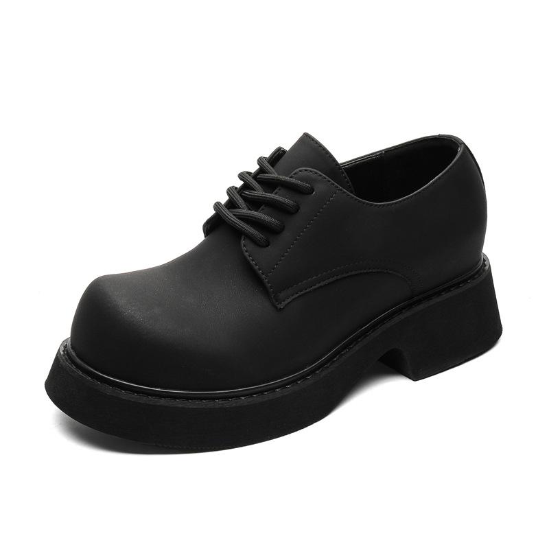 2025 new paris round head derby shoes muffin middle heel black matte thick sole heightening casual leather shoes
