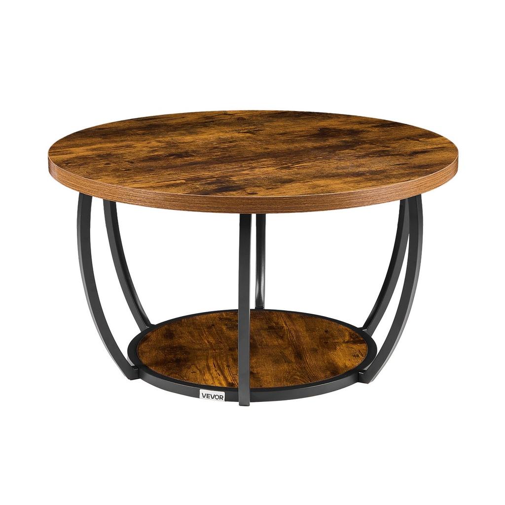 Coffee Table, Modern Round Coffee Table, 2 Tiers Wooden Circle Center Desk with Open Storage, Minimalist Sturdy Metal Frame Accent End Desk for Living