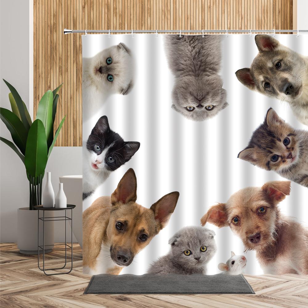 Cartoon Cute Animal Shower Curtain Cat Dog Anime Printed Bathroom Decor 3D Waterproof Bath Fabric Home Curtains For Children