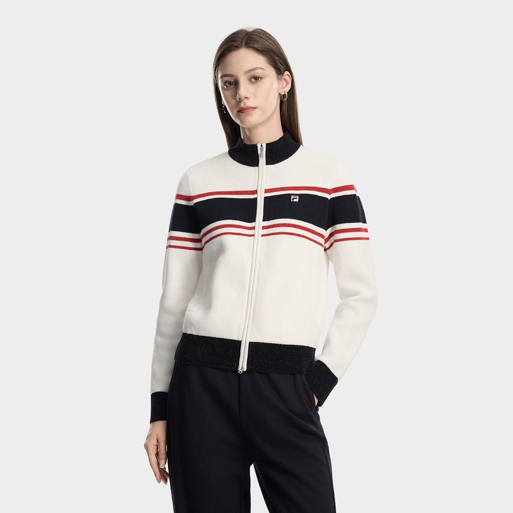Fila Heritage Classic Fashion Simple Striped Trendy Comfortable Casual Versatile Warm Knitted Cardigan Sweater Women Outerwear F11W618404FWT