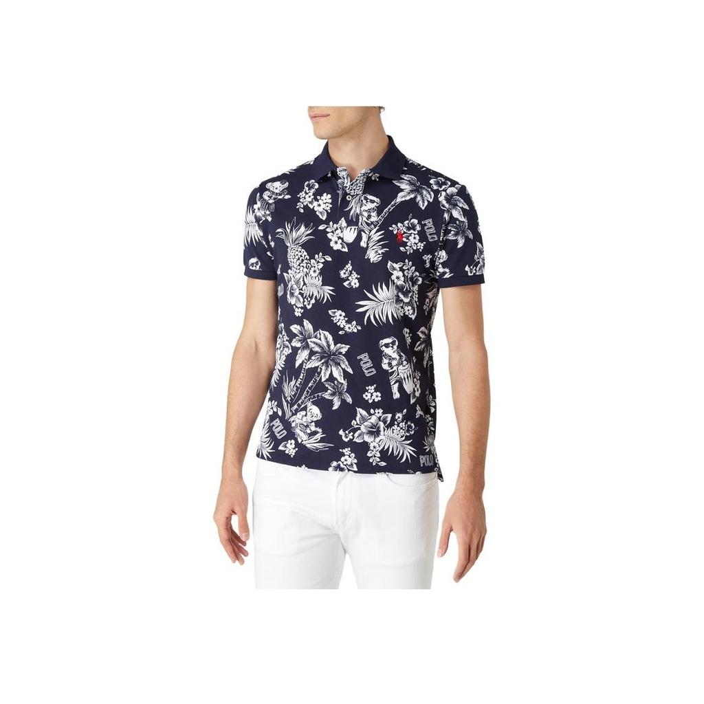 Polo Ralph Lauren Summer Floral Pony Logo Embroidered Cotton Short Sleeve Polo Shirt Men tops Navy-Blue 710788923-002