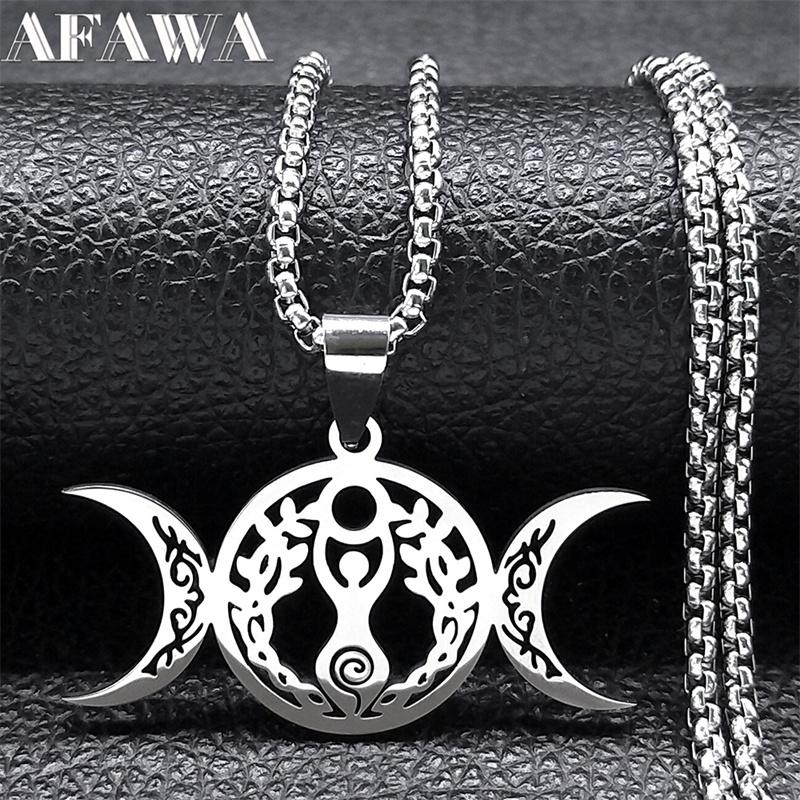 Triple Moon Goddess Luna Necklace Stainless Steel Silver Amulet Hecate Chain Jewelry for Women Men N9736S02