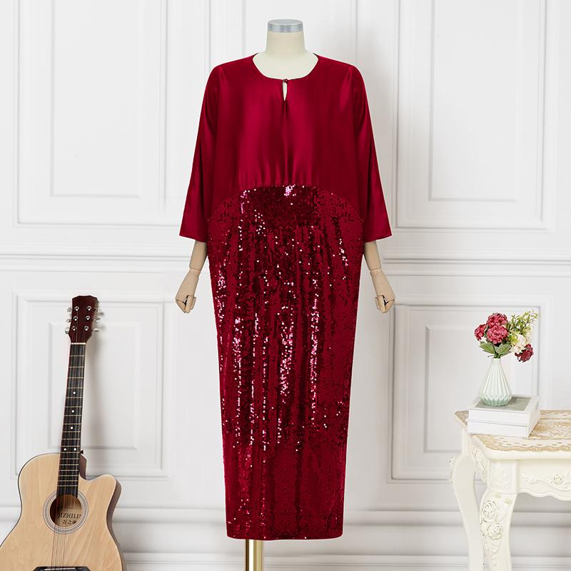 Oversized Women 3/4 Sleeve Glitter Sequin Patchwork Casual Baggy Maxi Kaftan Dress