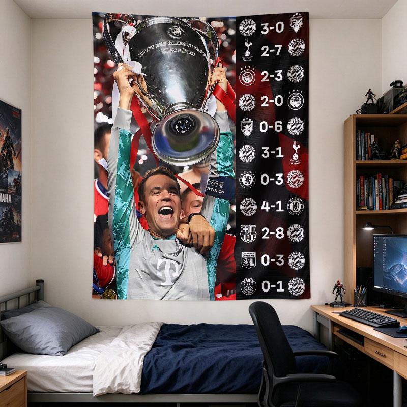 Bayern Munich goalkeeper lifts the Champions League trophy high with a fixture list running down the side, richly detailed Room Decor Accent
