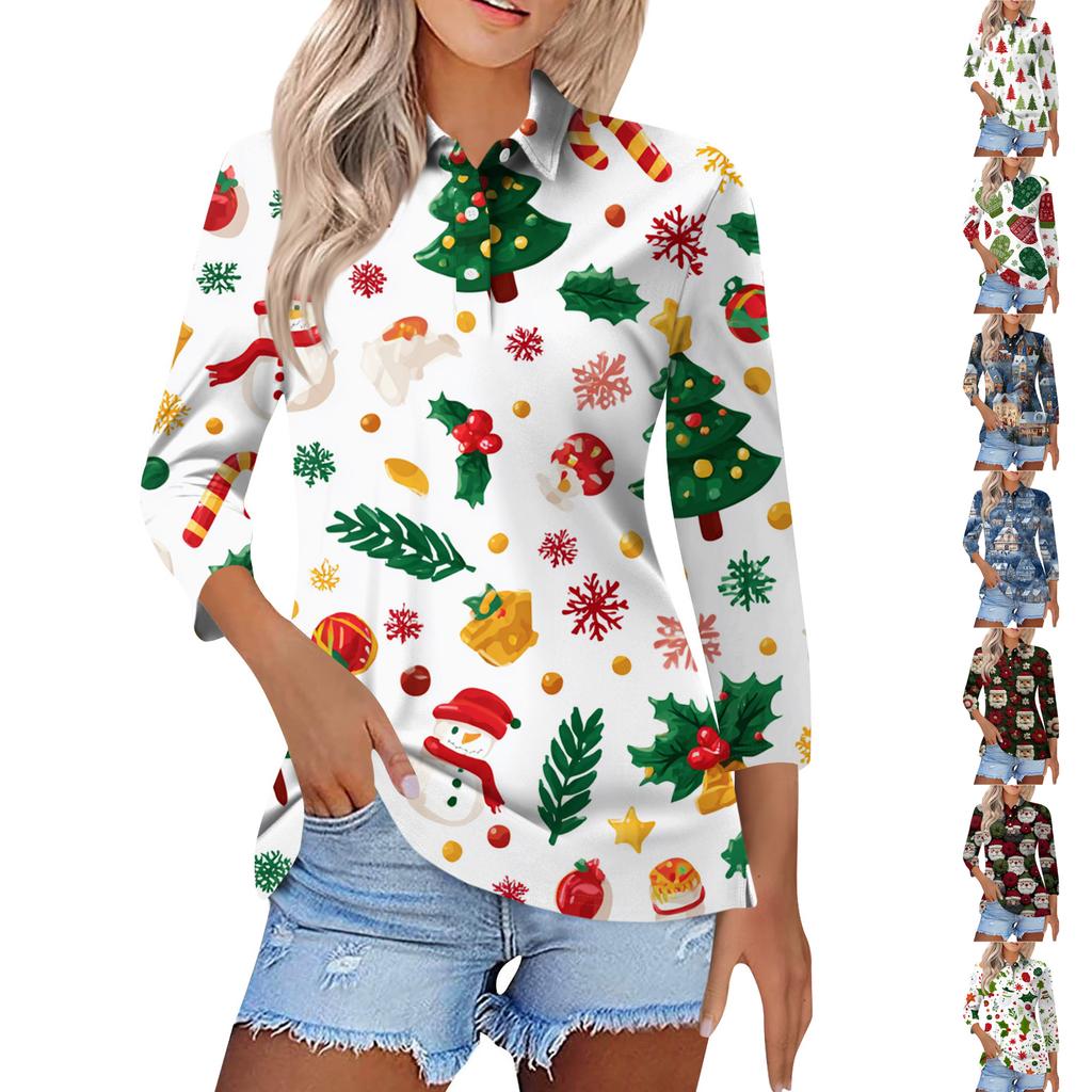 Women's Fashion Casual Button 3/4 Sleeve Vintage  Print Lapel Top