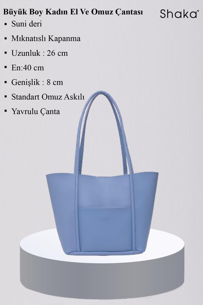 Women's Stylish and Useful Shoulder Bag Blue Shk80 Faux Leather Large Size Arm and Shoulder Bag with Front Pocket and Snap Makeup Bag L:26E:40W:8C