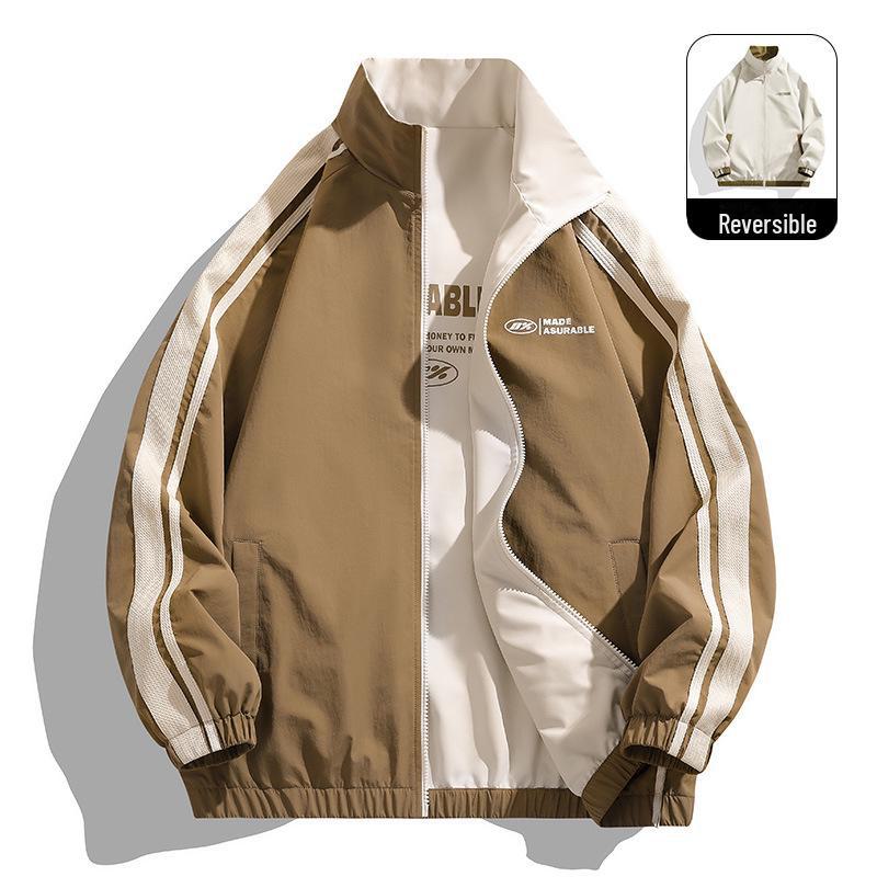 Hong Kong Style Men's Striped Two-Sided Stand-Up Collar Jacket - Casual Loose Fit for Spring and Autumn