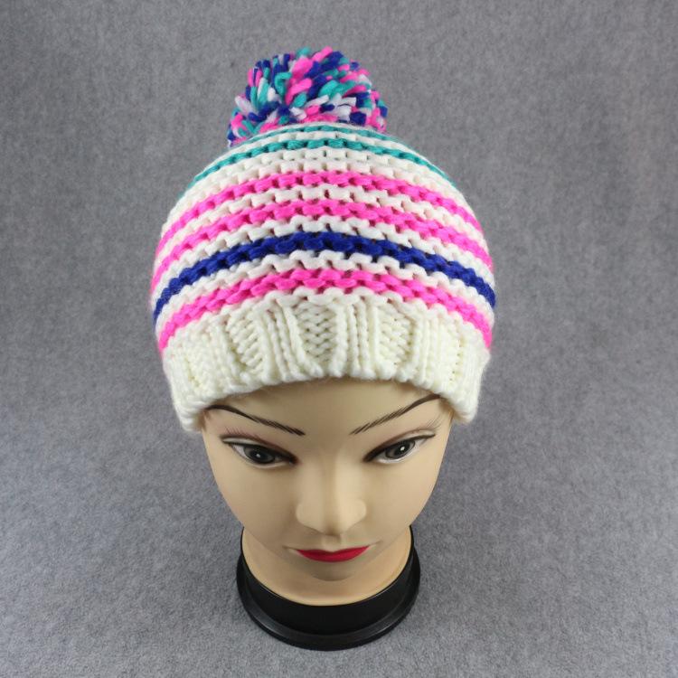Contrasting striped knitted hat with colored hairball thickened warm cold hat, unisex