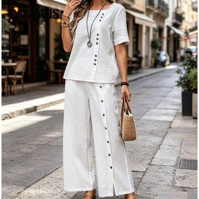 Modische lässige lockere zweiteilige kurzärmelige Oberteile und lockere Wide-Leg-Hosen für Damen