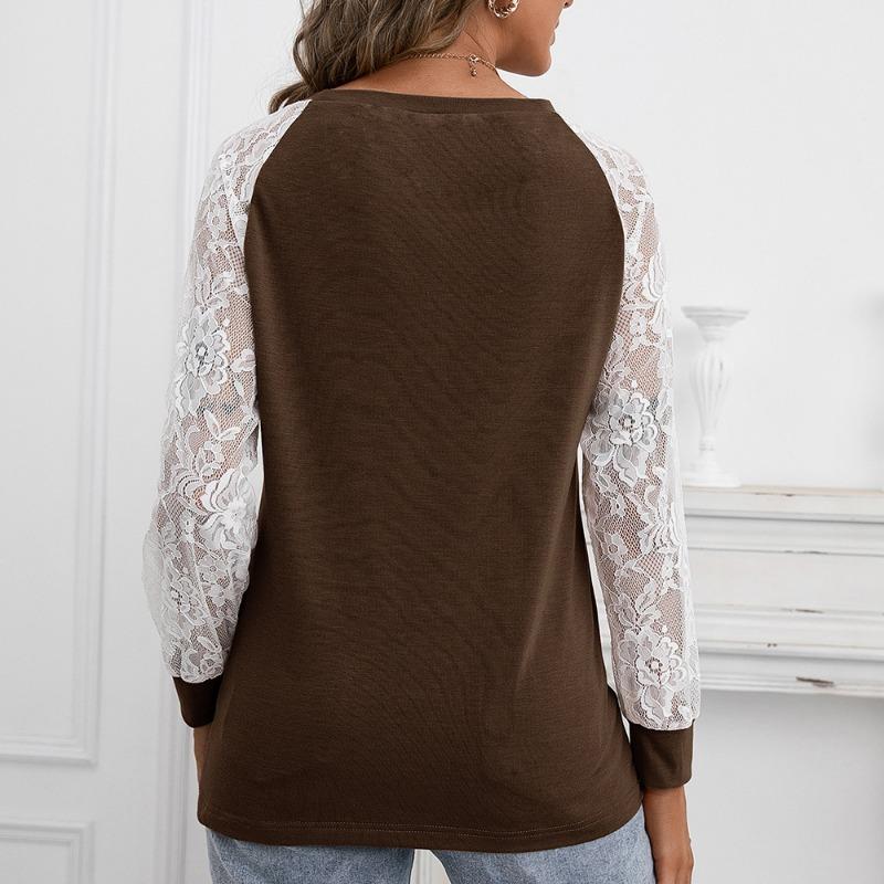 Autumn Winter Women's T-Shirts Hollow Lace Patchwork Long Sleeve Round Neck T-shirt for Women