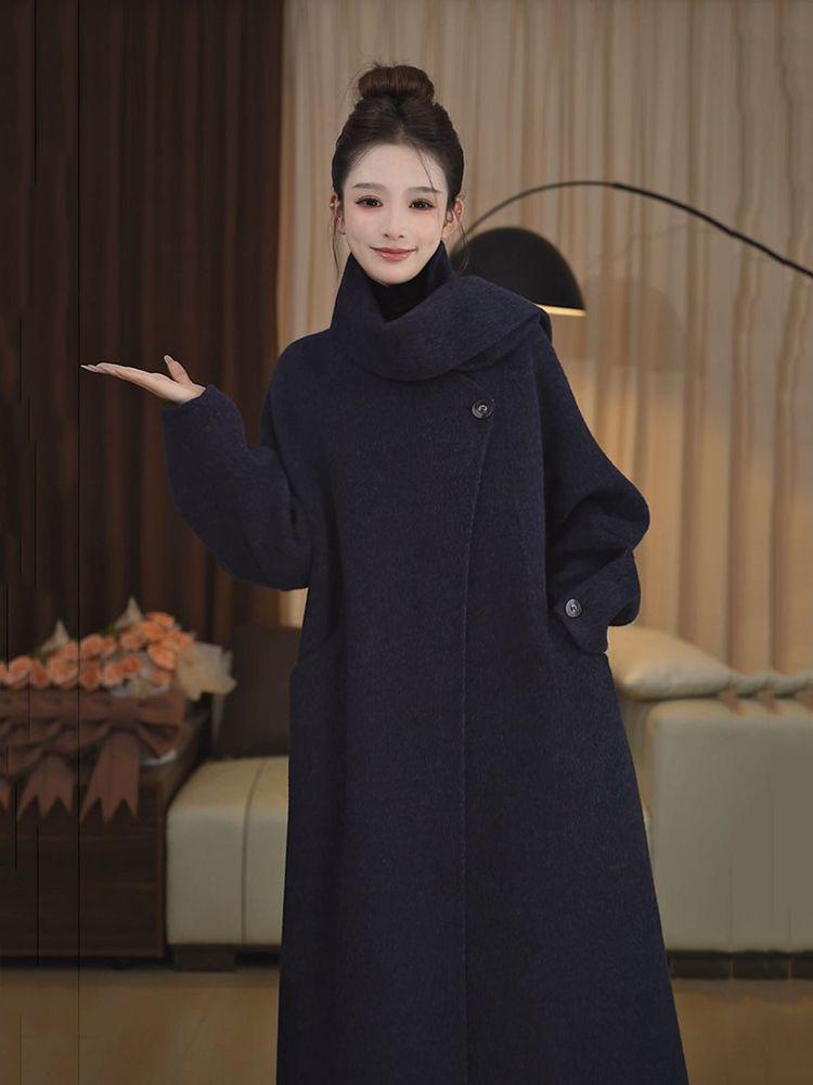 2025 Autumn/Winter Alpaca Wool Loose Coat: Hand-Sewn, Versatile Scarf Style for Women S