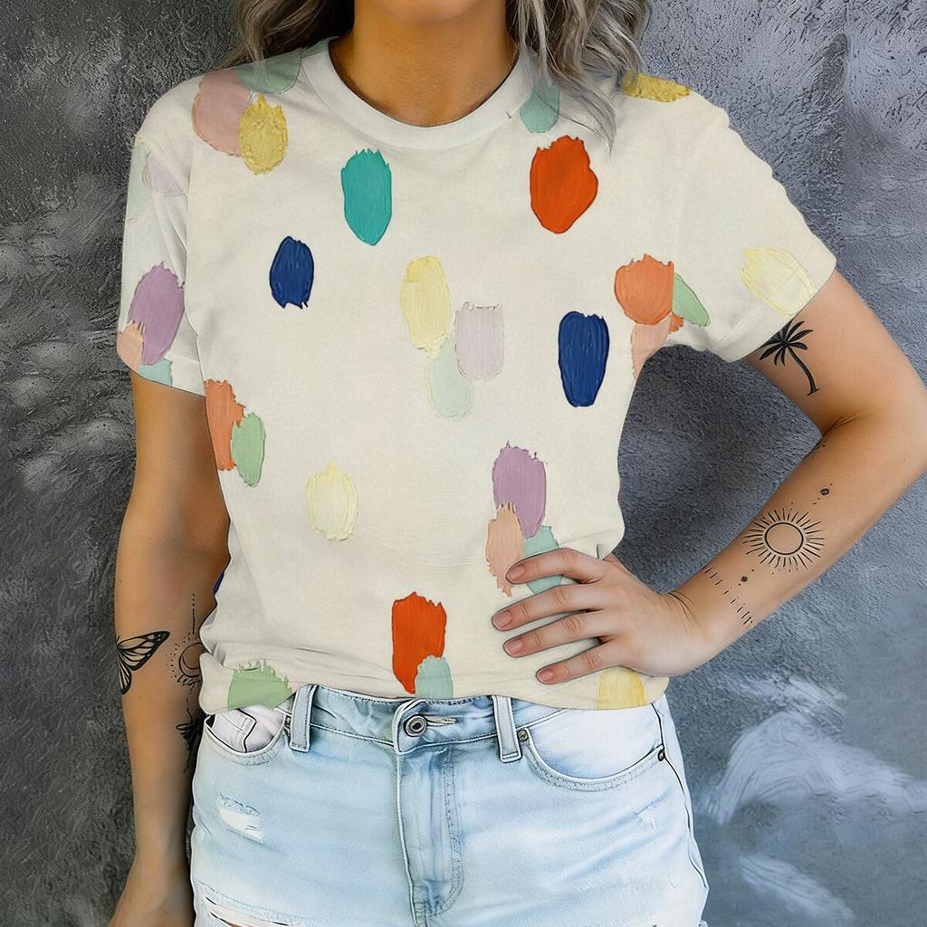 Simple and Personalized Graffiti Printed Short Sleeved Round Neck T-shirt for Women's Summer Fashion Versatile Daily Top