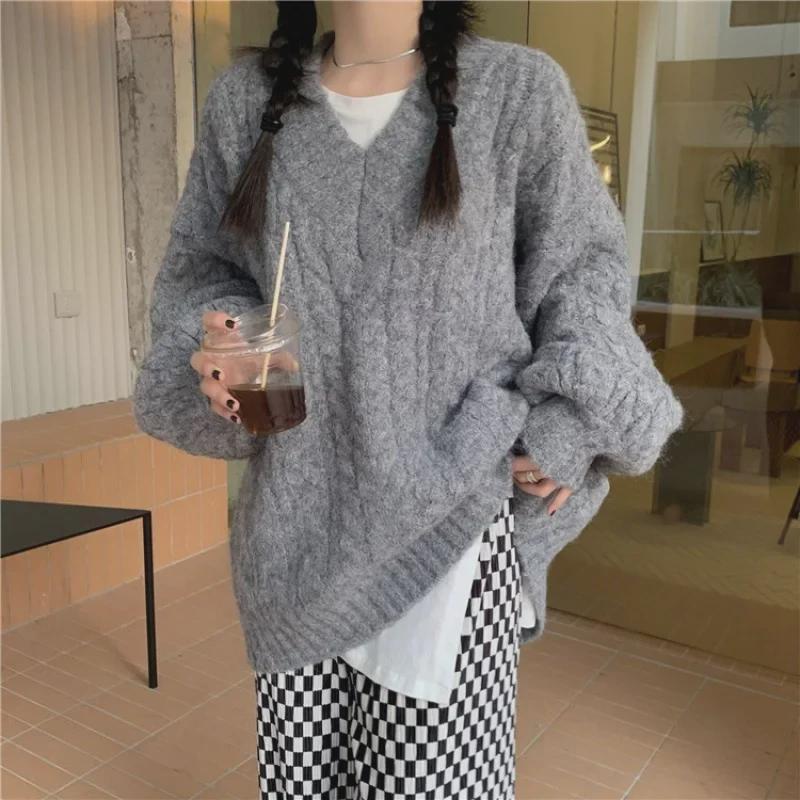 V-Neck Twisted Sweater: All-Match, Soft & Thick Wool Knit for Spring, Autumn, and Winter - Gentle, Lazy Korean Style Top