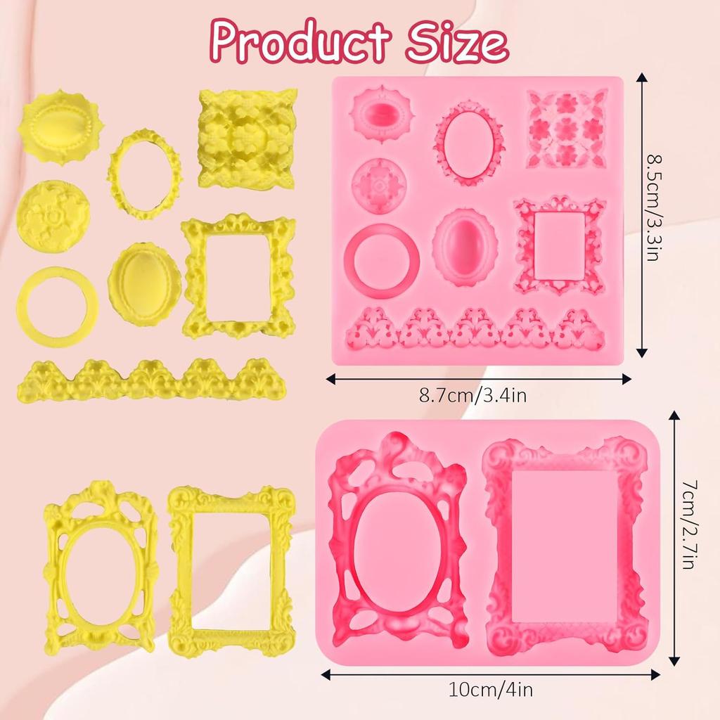 2Pcs Photo Frame Silicone Mold, Mini Frame Air Dry Clay Molds, Baroque Style Frame Chocolate Mold, for Cake Decorating Cupcake Topper Chocolate Candy