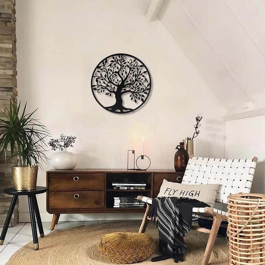 Black Metal Tree of Life 50cm Elegant Decoration - Steel Wall Art for Indoor Outdoor - Design Picture Living Room Hallway Staircase Home Decoration