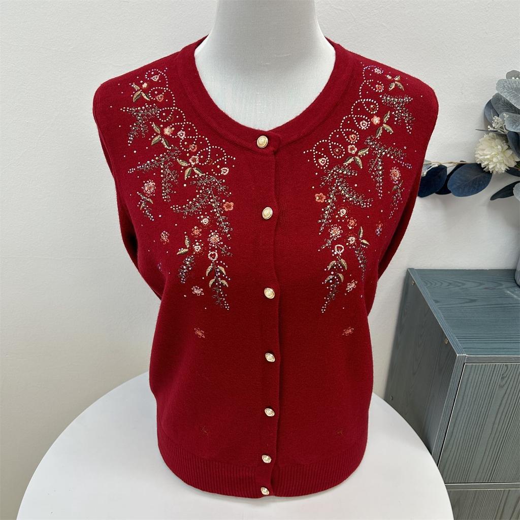 Women's Crew Neck Wool Cardigan Autumn/Winter Loose Fit with Rhinestone Embroidery Knit Cardigan Top