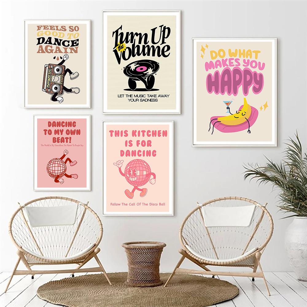 Retro Music Dance Record Player Poster And Print Flower Happy Quote Wall Art Canvas Painting Picture for Living Room Home Decor