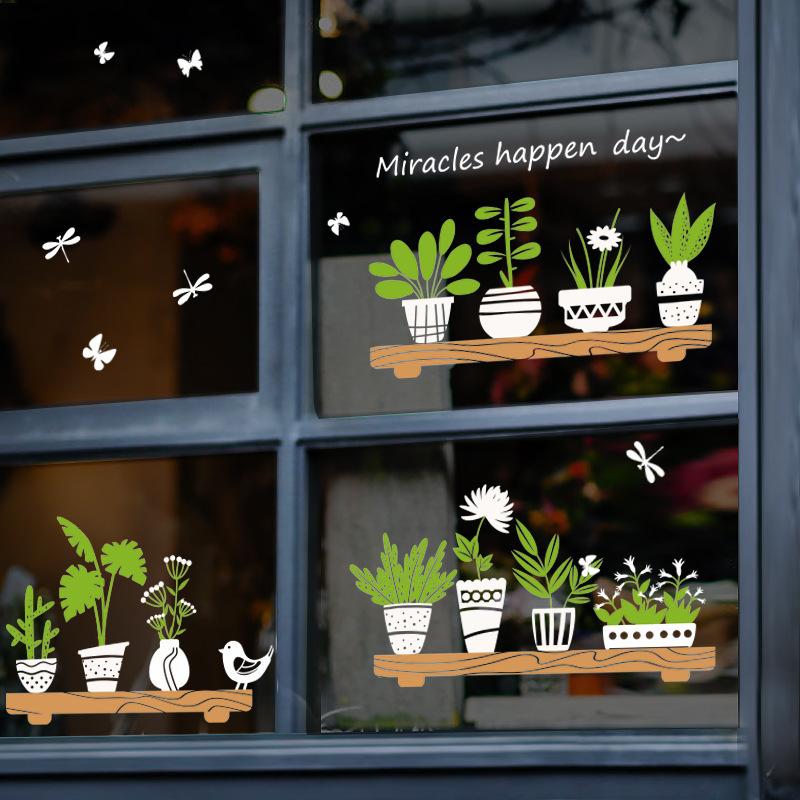 Botaniczne Naklejki Roślinne na Okno do Kawiarni Szklane Drzwi Winylowe Naklejki Usuwalna Dekoracja Ściany Minimalistyczny Design Zielonych Liści