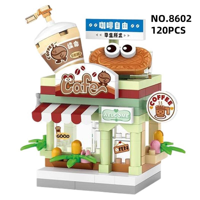 Street View Restaurant Dessert Coffee Pet Fruit Store Model Building Blocks Food House Bricks Girls Gift Toys for Kids Children