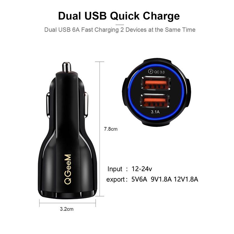 QGeeM Çift USB QC 3.0 Araç Şarj Cihazı Hızlı Şarj 3.0 Telefon Şarj Araba Hızlı Şarj Cihazı 2 Port USB Taşınabilir iPhone Şarj Cihazı Xiaomi