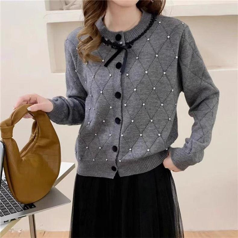 Autumn and Winter Xiaoxiangfeng Knitted Top Cardigan Sweater Fashionable Foreign Style Age-reducing Women's Clothing Bow Bead Jacket