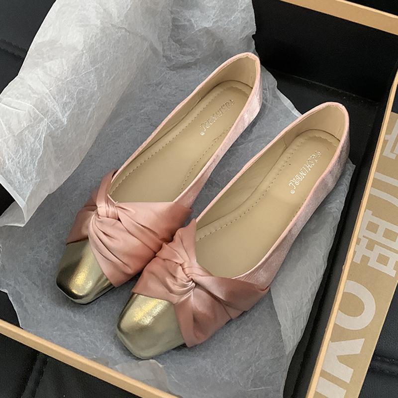 Fashion Elegant Silk Bowknot Flats Woman Gold Pointed Toe Ballets Office Ladies Dress Slip On Loafers Shallow Bridesmaide Wedding Shoes