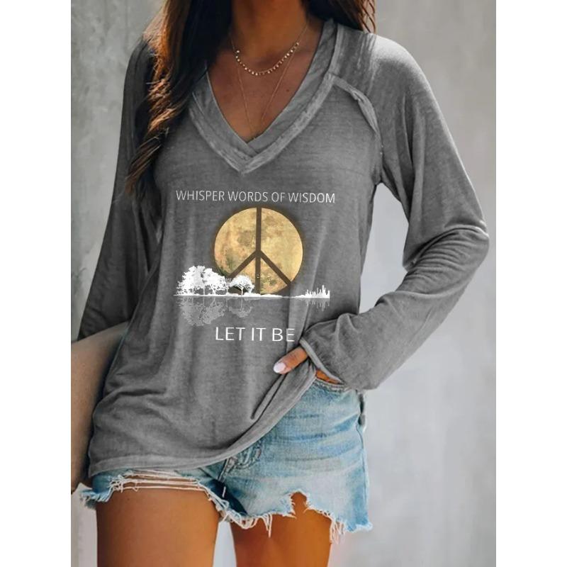 Ilstile Women's Hippie Style Print T-Shirts Long Sleeve V Neck Tops Casual Loose Tees Fashion Female Clothing