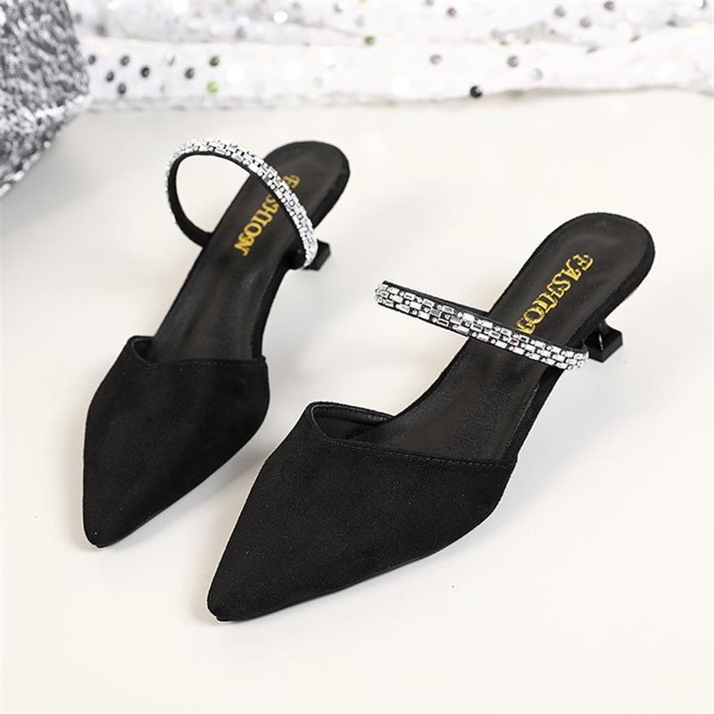 Pointed Sandals French High Heels 2025 New Rhinestone Fashion Bag Head Sandals Head Thick Heel Wear Half Slippers Women