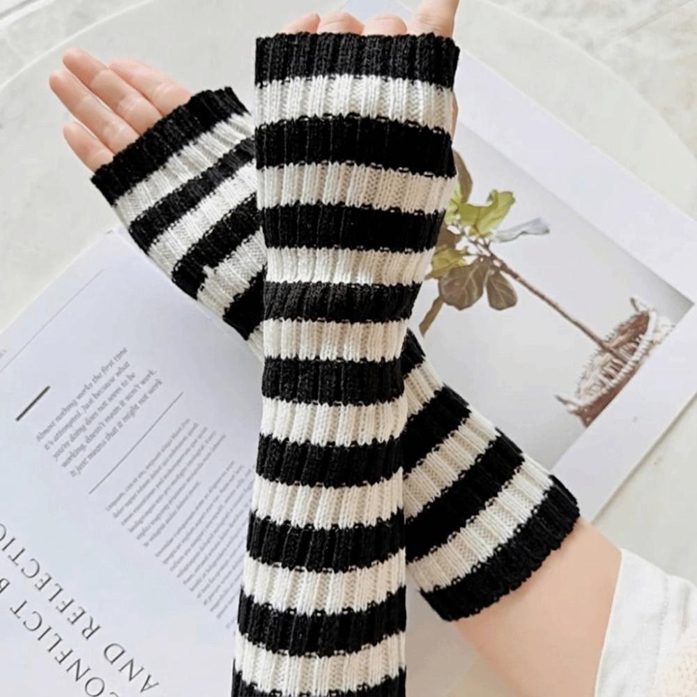 Elbow Length Long Fingerless Gloves Striped Knitted Gloves Wrist Sleeves  Cosplay Use