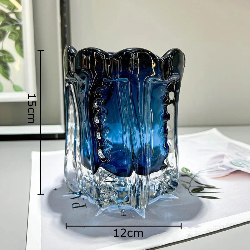 Forest Green Glass Vase Creative Wrinkled Flower Pots Desk Decoration Flowers Arrangement Floral Vases Room Aesthetic Decor