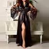 Women Lace Stitching Long Bathrobes Nightgown Soft Silk Dressing Gown Bath Robe Large Size Sexy Pajamas