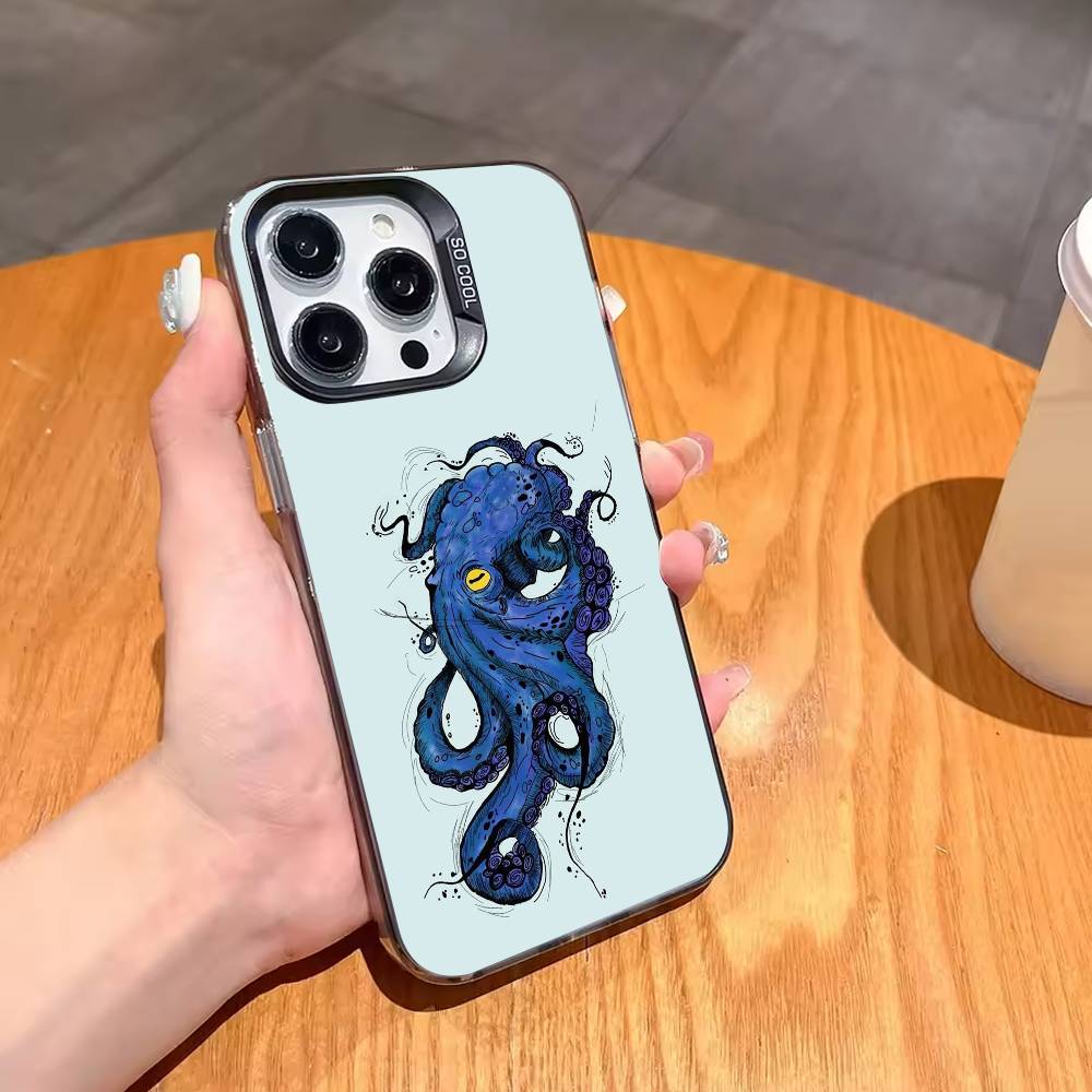 O-Octopus S-Sea Animals O-Ocean Phone Case For iPhone17,16,15,14,13,12,11,Pro,MAX Gray Matte Silicone Black Cover