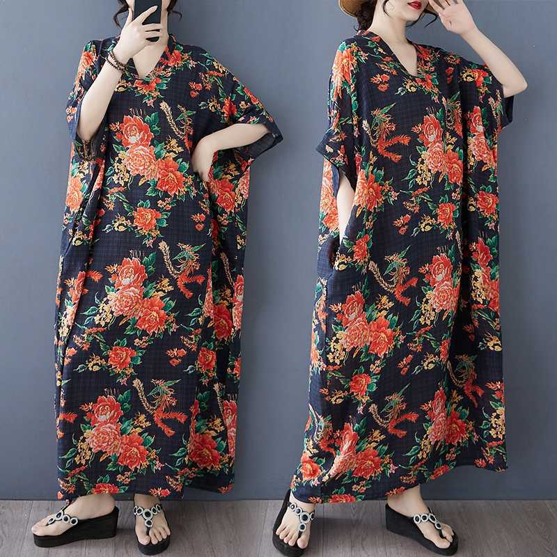 Vestido de Algodón Lino de Verano Color Viaje Cuello en V Retro Falda Larga