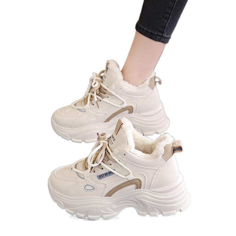 Fleece dad shoes new winter platform heightening sports shoes casual leather cotton shoes