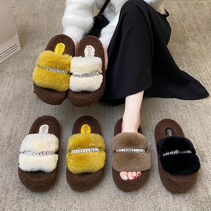 Thick-soled rhinestone fluffy slippers for women wearing new small trendy cotton slippers heightening shoes