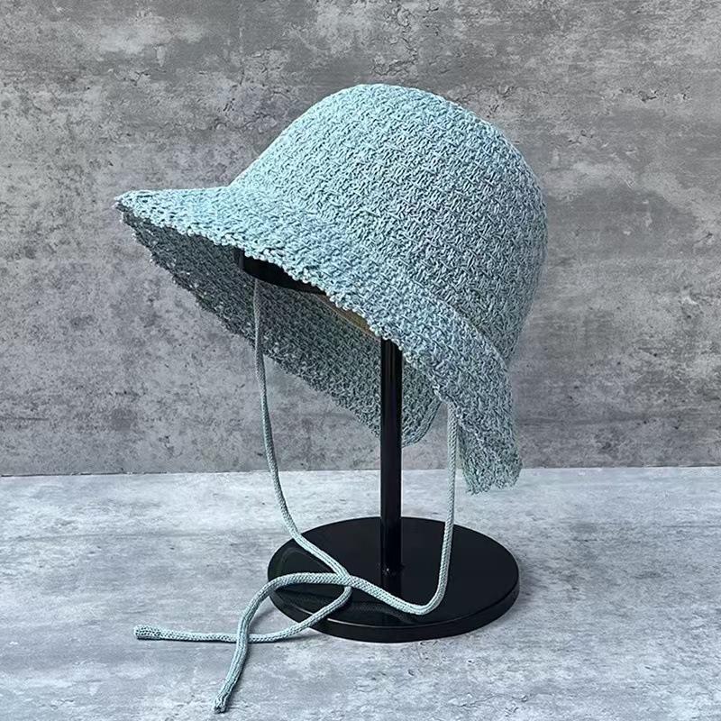 

Lace beach sun hat children summer small fresh sun protection bucket hat showing face small lace up split fork new pot hat Adult Adjustable 55-58 синій