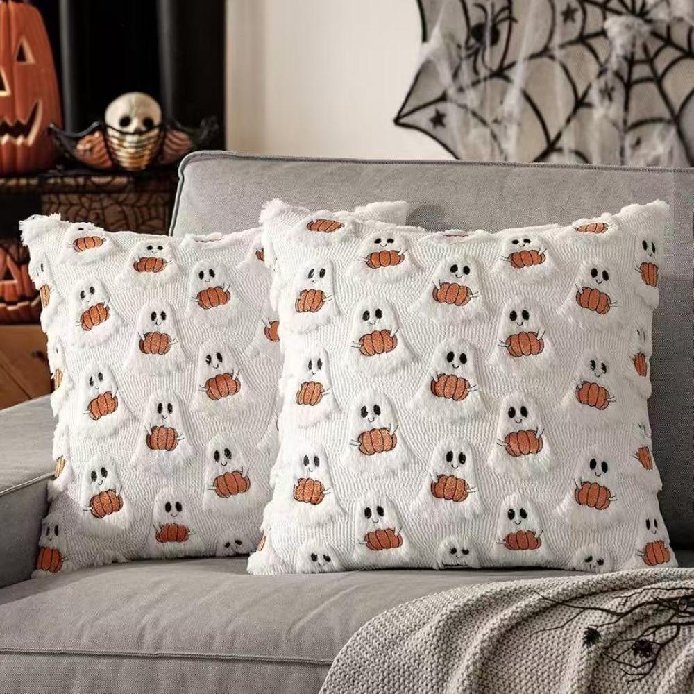 Square Throw Pillow Cover Ghost with Pumpkin Cushion Covers Plush Pillow Case  Halloween Decor