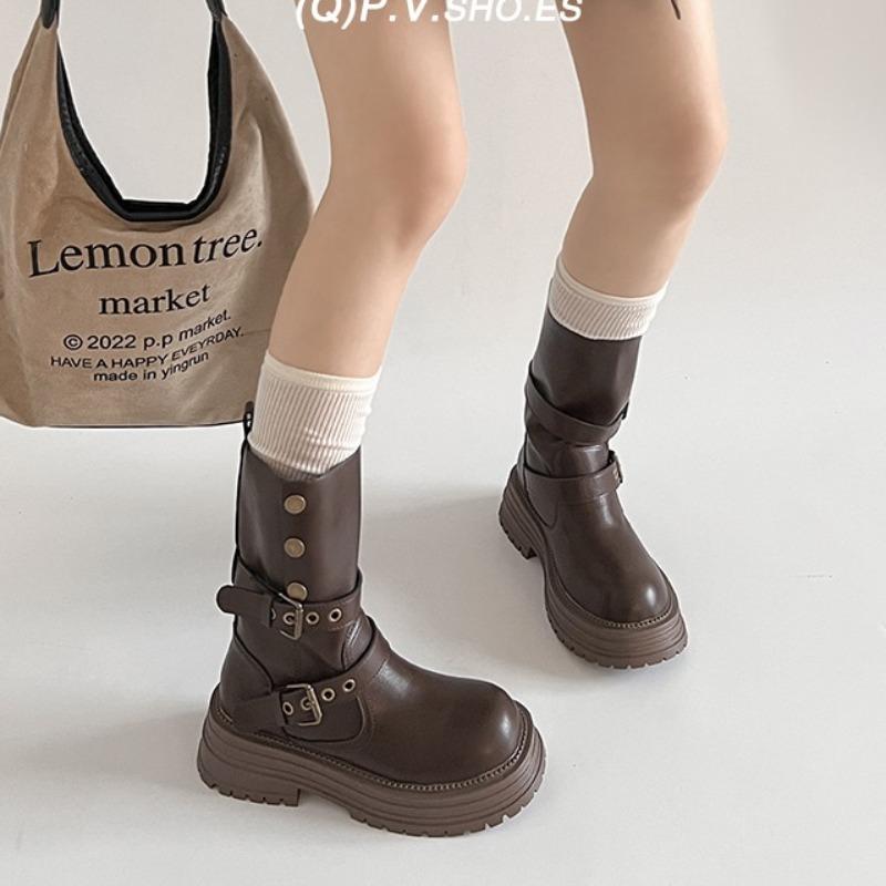 2025 New Vintage Thick Bottom Woman Knee High Boots Fashion Belt Buckle Zippers Shoes Female Knight Long Boots Shoes