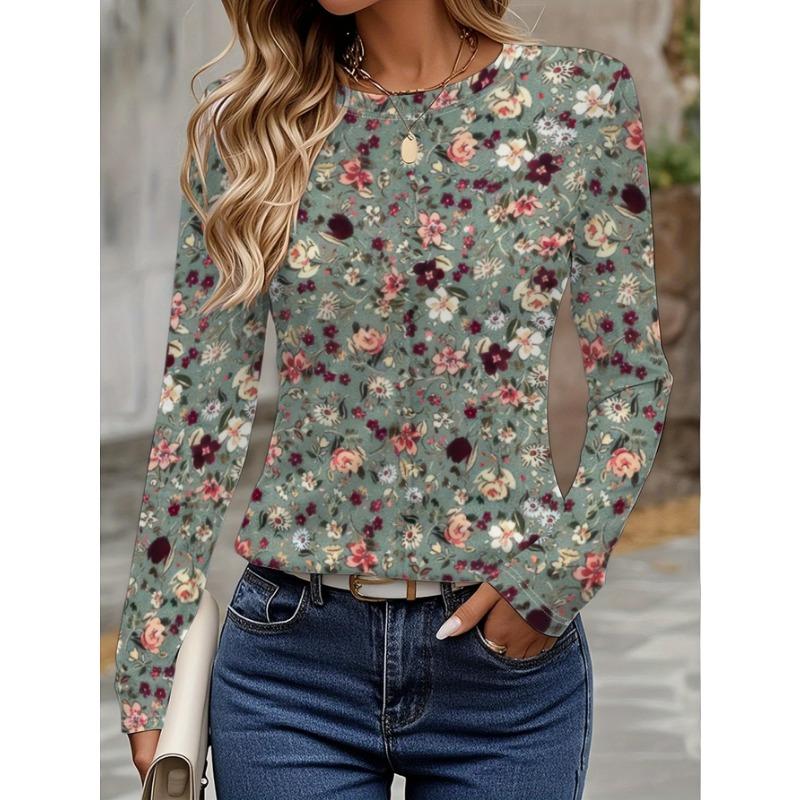 Spring and Autumn Round Neck Flower Pattern 3D Printed Top Fashionable Casual Long Sleeved Women's T-shirts