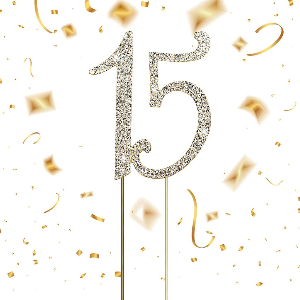 1 PCS Gold 15 Cake Topper Number 15 Cake Decoration Gold Rhinestone Cakes Toppers Decoration Crystal Happy 15th Birthday Cakes Sparkly Bling Alloy