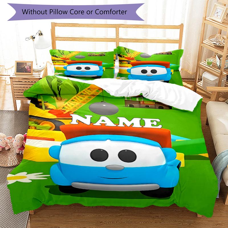 3pcs Custom Name Cute Cars Bedding Set Duvet Cover Closure Includes 1 Duvet Cover & 2 Pillowcases, Soft and Comfortable for All Seasons.