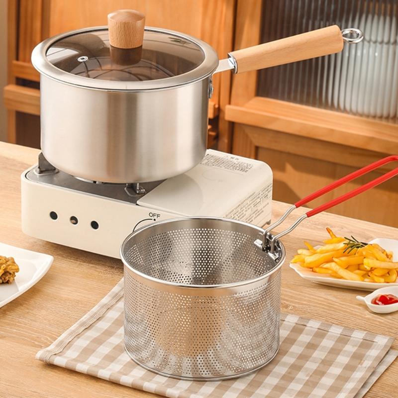 Professional Kitchen Fryers Set with Lid Strainer Basket and Cooking Tongs Wood Handle for Heat Protections Home Use