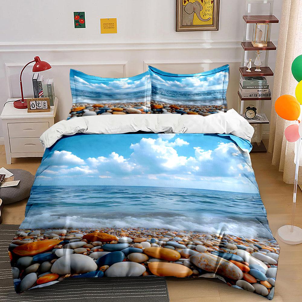 3Pcs - Soft Breathable Comfortable Beach-Inspired Bedding Set with Sand Sea Water Print Home Bed Decor Gift for Kids Adults