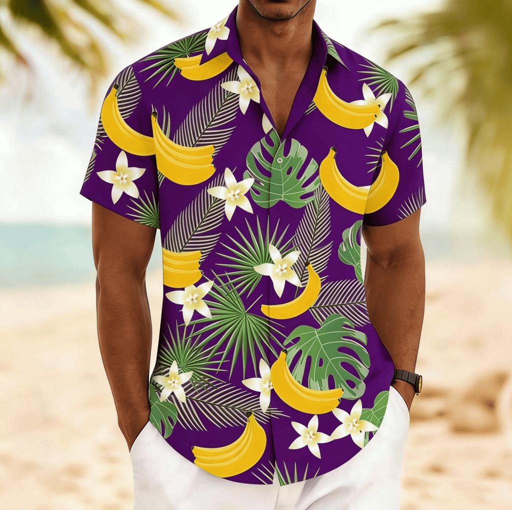 Men's Short Sleeve Hawaiian Shirt Stripe Banana Tropical Fruit Print Loose Casual Vacation Top