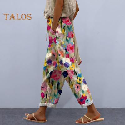 Women Casual Pants Elastic Waist Drawstring Harem Pants Digital Floral Print Beach Office Shopping Daily Long Trousers