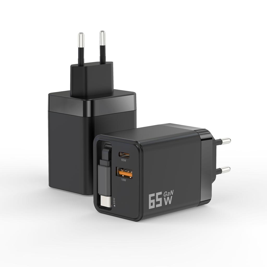 65W GaN Wall Travel Charger Adapter Mini EU Pin Plug Retractable Cable OTP Compatible PD 3.0 QC3.0 for Macbook Mobile Phone