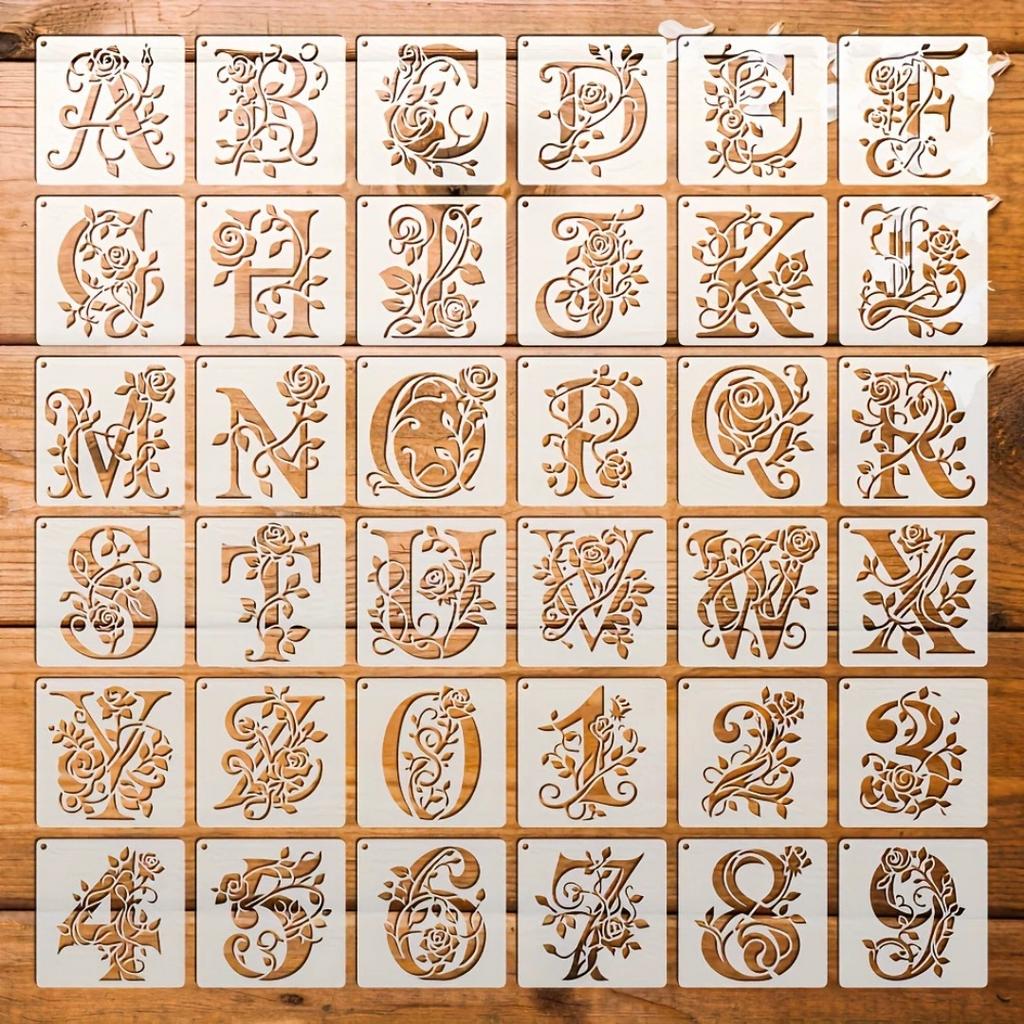 Reusable Letter Templates Sturdy Floral Alphabet Stencils Hollow Graffiti Template Washable Rose Painting Stencils For Office
