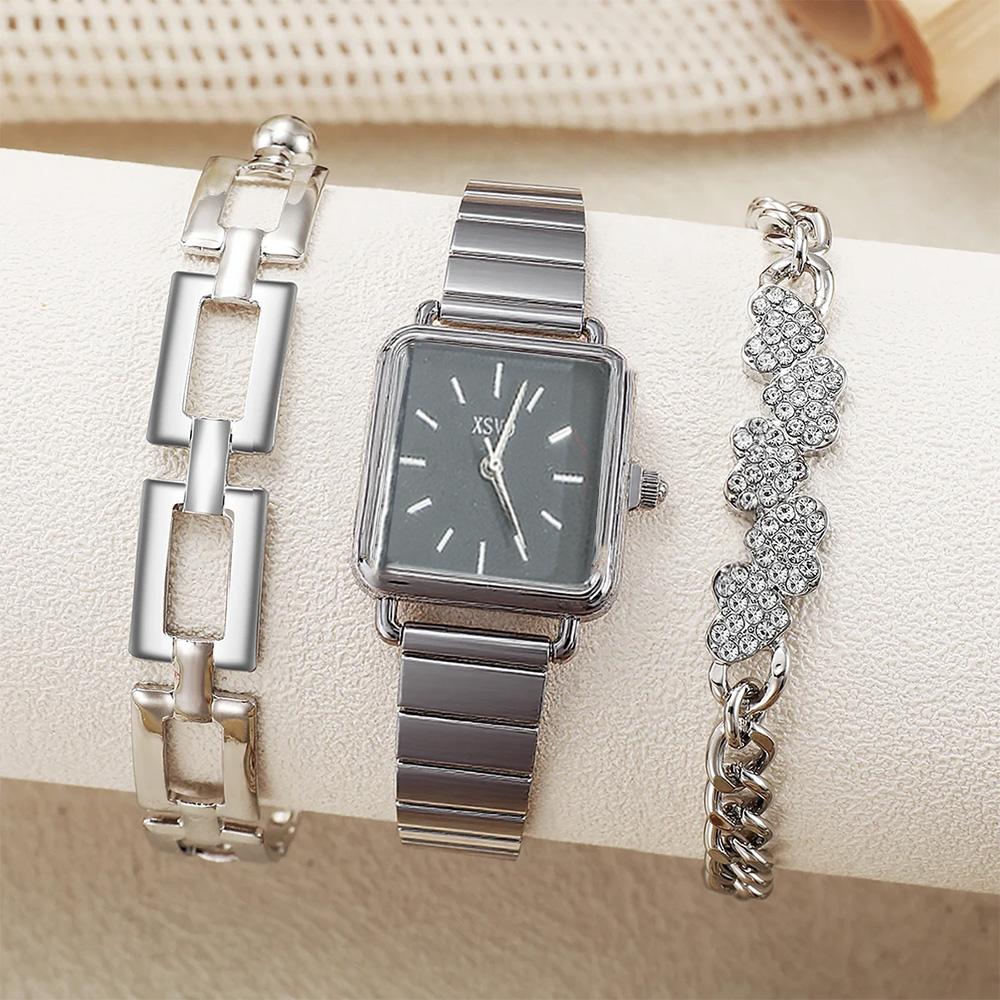 

New style simple versatile steel band square dial women s quartz watch bracelet 3 piece set, suitable for daily wear, holiday gi чорний
